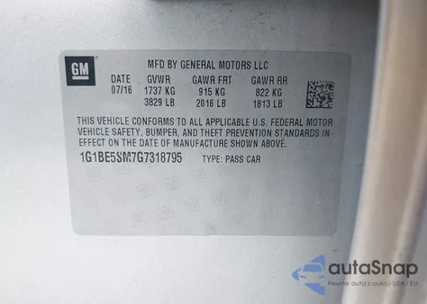 2016 Chevrolet Cruze Lt Auto from USA, damaged, VIN 1G1BE5SM7G7318795